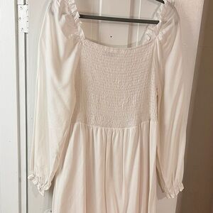 White Smocked Bodice Long Sleeve Dress